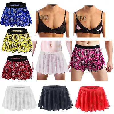 Mens Sissy Bra Top Floral Graphic Pleated Skirt Flared Mini Skirt  Underskirts • $8.36