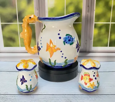 Ocean Seahorse And Fish Pitcher With Salt | Pepper Set | Beach House Decor • $46.99