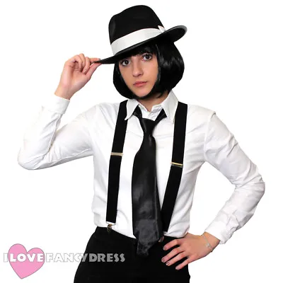 £14.99 • Buy Ladies Gangster Kit Bob Wig Trilby Hat Braces Tie 1920's Fancy Dress Costume Set