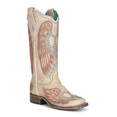 Corral Ladies Studded Bone Heart & Wing Cream Square Toe Boots  A4314 • $189.97
