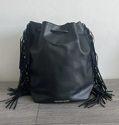 Victoria's Secret Black Faux Leather Fringe Backpack 14 X6 X15  NWOT • $15