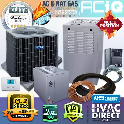 3 Ton 15.2 SEER2 88K BTU 80% Central Air Conditioner Gas Furnace Split System • $3434.25