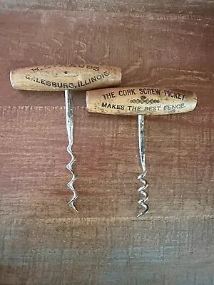 Two Antique Williamson Wood Handle Direct Pull Advertising Corkscrews • $40