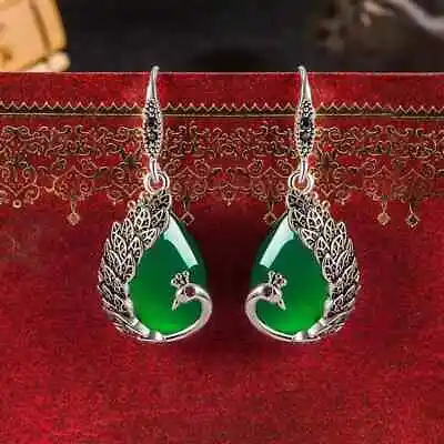 Exquisite Natural Retro Green Jade Peacock Silver Hook Dangle Earrings • $15.92