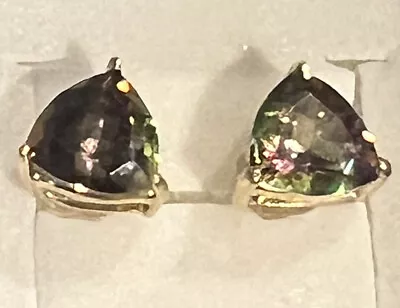 10K Solid Yellow Gold 5mm Trillion Mystic Topaz Gemstone Solitaire Earrings • $59