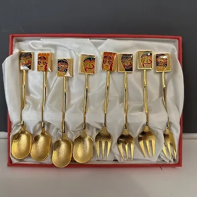4 Tea Spoon 4 Appetizer Fork Set IMPORT Korea  Gold Plated With Box • $14.99