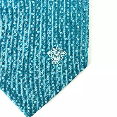 VERSACE Blue Teal Geometric Medusa Made In Italy Silk Knit Tie Dot Circle • $59