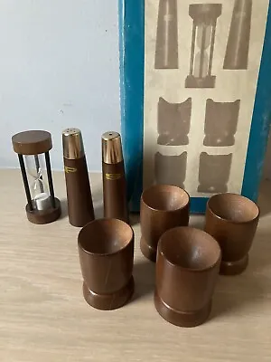 Mid Century Breakfast Set 50s 60s Teak Egg Cups Timer Salt & Pepper Cruet Set • £14