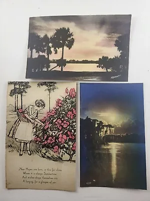 E.G. Barnhill 1930's FL Hand Colored NOS Postcard Sunset Moonlight Girl Flowers • $6