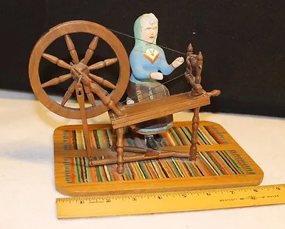 Vintage Miniature Folk Art Seated Woman With Wooden Working Model Spinning Wheel • $125