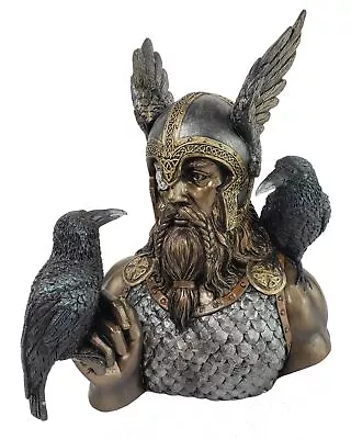 9  Odin Bust With Ravens Viking Norse Mythology God Statue Bronze & Silver Color • £72.28
