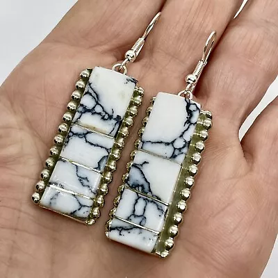 Navajo White Buffalo Turquoise Inlay Earrings Dangle Sterling 2  By A Norton • $94.94