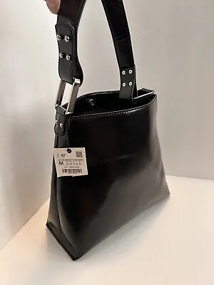 Zara Black Vegan Leather Shoulder Bag Handbag Purse Medium /Studs Classic NWT • $80.10