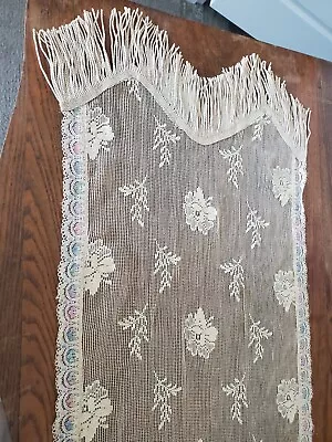 Vintage Ecru Floral Dresser Scarf Table Runner Netting Fringe Pastel Lace 14x48 • $14.99