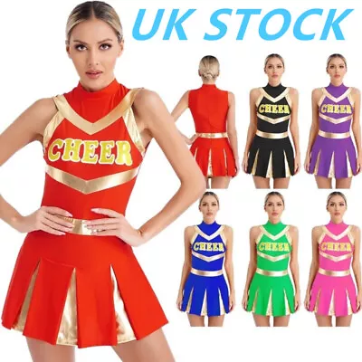 UK Womens Cheerleading Dress Schoolgirl Cheer Leader Crop Top With Pleated Skirt • £6.99