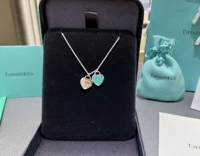 $26 • Buy Tiffany & Co. Mini Double Heart Necklace Pendant Blue Enamel 925 Sterling Silver