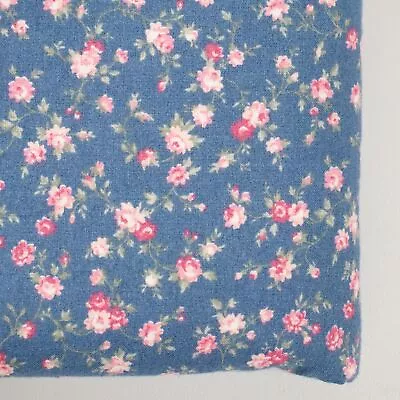 Vtg Cotton Quilting Fabric Pink Roses Calico Blue Floral Flowers BTHY Half Yard • $5.38