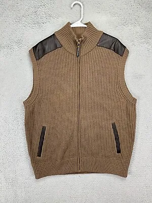 National Geographic Vest Mens XL Brown Leather Patches Sweater Knitted Full Zip • $22.80