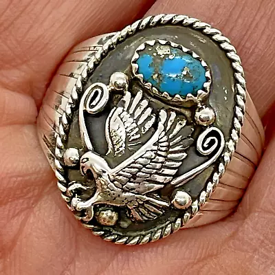 Navajo Eagle Turquoise Men's Ring Size 12 Sterling Artist Jeanette Sanders • $78.94