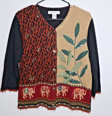 Arriviste Vintage V-neck Embellished Sweater Animal Print Sequin Bead Elephant M • $34.99