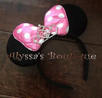 Minnie Mouse Ears Headband Pink Polka Dot Bow Big Rhinestone Tiara Costume Cute • $7.99