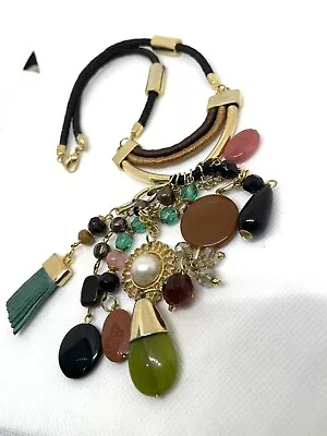 Multi Gemstone Statement Beaded Charm  Silk Corded Necklace • $10