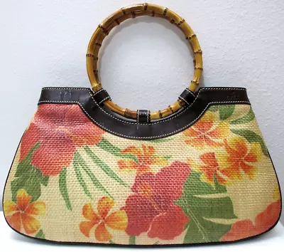 Rafe New York Handbag Hibiscus Flower Painted On Rattan Brown Leather Trim 16  • $84.99