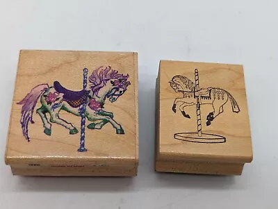 Set 2 Carousel Horse Fantasy Carnival Amusement Ride Animal Wood Rubber Stamps • $8.40