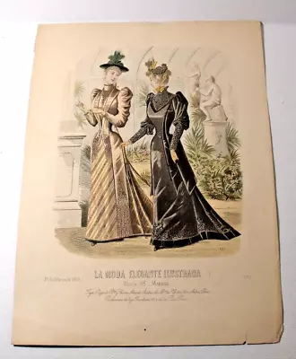 1892 Antique French Hand Colored LA MODE ELEGANTE ILLUSTRADA Fashion Print (7) • $18