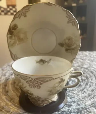 VINTAGE TEA CUP AND SAUCER HAND PAINTED  OLD IVORY SILESIA WHITE ROSE  1920s • $37