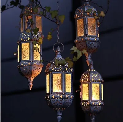 Hanging Lights Lamps Candle Lantern Holder Set 2 White Black Iron Metal Antique  • $142