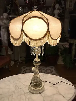 Vintage Cherub Lamp W/ Crystal Prisms Victorian Style Fancy Fringed Silk Shade • $199.99