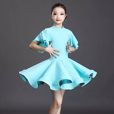 Girls Ballroom Latin Dance Dress Short Rumba Tango Dancewear Flare Sleeve Dress • $52.40