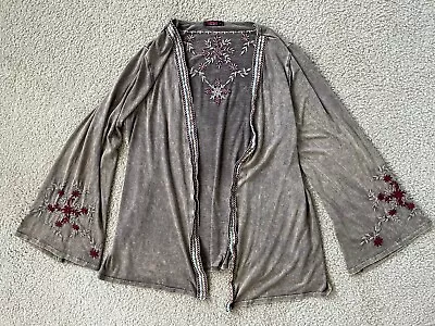 T Party Sz L Boho Floral Embroidery Acid Wash Open Cardigan Sweater Southwest • £27.01