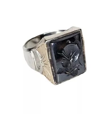 Antique Ecco 10K Gold Sterling Silver Ring Hematite Intaglio Signet Sz 8 • $179.10