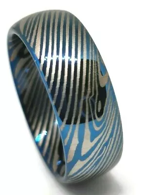 Mens Wedding Blue Ring Tungsten Carbide Silver Damascus Pattern Band 8 Mm • $29.04