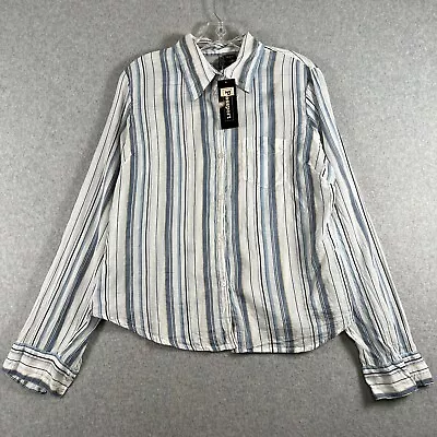 Passport Shirt Womens L Gauzy 100% Cotton Button Up Striped Blue NWT • $12.99