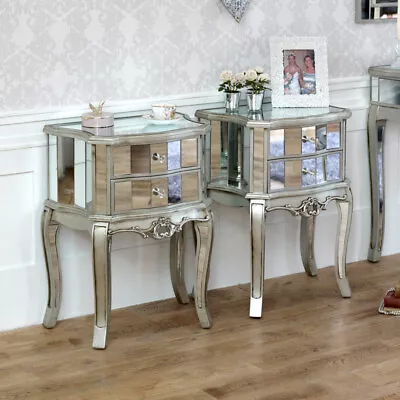 £332.95 • Buy Pair Mirrored Venetian Bedside Cabinet Lamp Table Bedroom Furniture Silver Glass