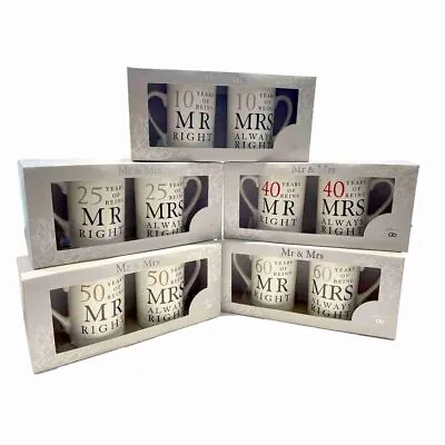 £11.95 • Buy Wedding Anniversary Gift Set, Mr/Mrs Right Mugs 10th 25th 40th 50th 60th