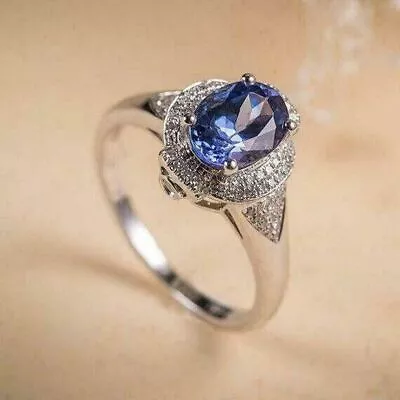 1.30Ct Oval Cut Lab Created Blue Tanzanite Attractive Ring 14K White Gold Plated • £86.45