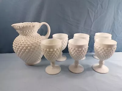 Fenton Milk Glass Hobnail Water Set - 54 Oz Jug Pitcher & Six Water Goblets • $74.99