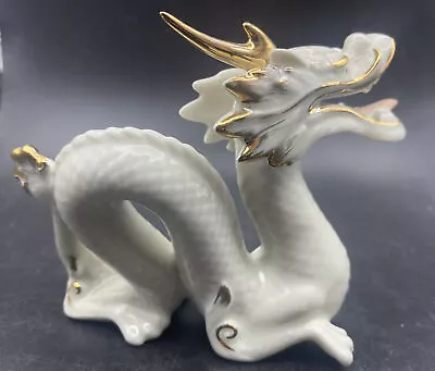Vintage Yoshimi K Iridescent White & Gold Porcelain Dragon Serpent Figure SIGNED • $35