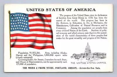 United States Of America  Pop 91 Million  PORTLAND Oregon Meier Frank Flag 1910s • $19.99