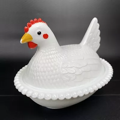 Vintage White Milk INDIANA GLASS Painted Chicken Hen On Nest Butter Candy Dish • $28.88