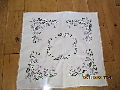 Vintage Tablecloth Cream Linen Floral Hand Embroidery Crochet Border 34.5  X 33  • $12.32