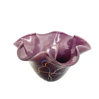 Viz Glass Art Bowl Studio Scalloped Edge Purple Hand Blown Ruffled Handkerchief  • $49.99