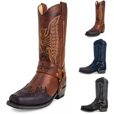 Women Vintage Embroidered High Mid Calf Boots Winter Western Cowboy Shoes SizeЙ • $49.26