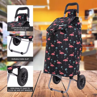 Hoppa Black With Flamingos Large 57L Capacity 2 Wheel Folding Shopping Trolley • £36.97