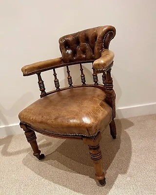 Antique Chesterfield Captains Desk Chair-Button Back-Vintage-Office-Smokers • £275