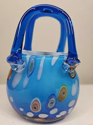 Vintage Murano Blue & Millefiori White Glass Purse Vase • $47.99